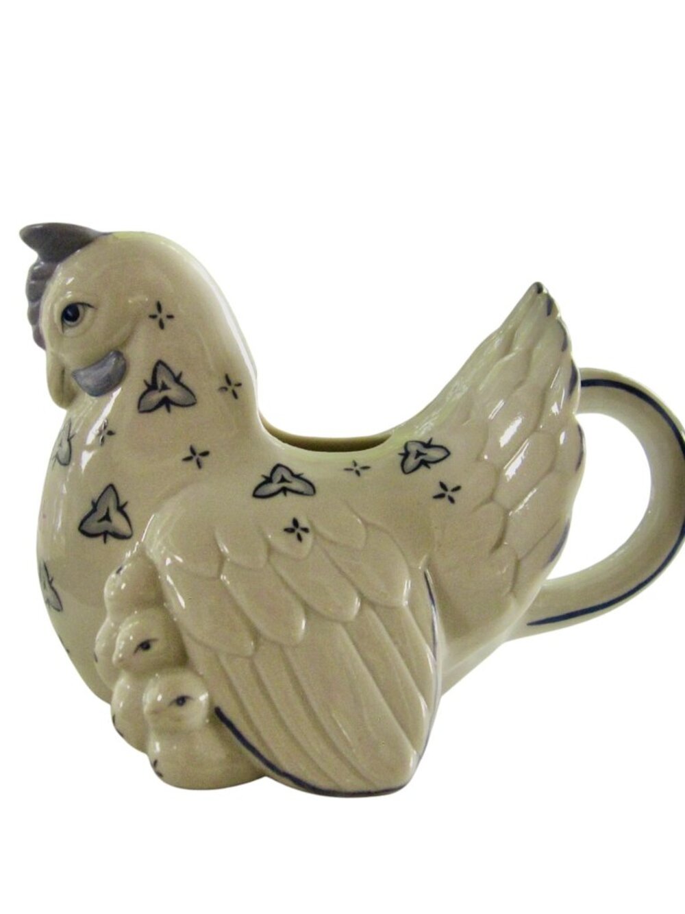 Vintage 80s Country Friends Hen w Babies Creamer Blue Delft Style Franklin Mint